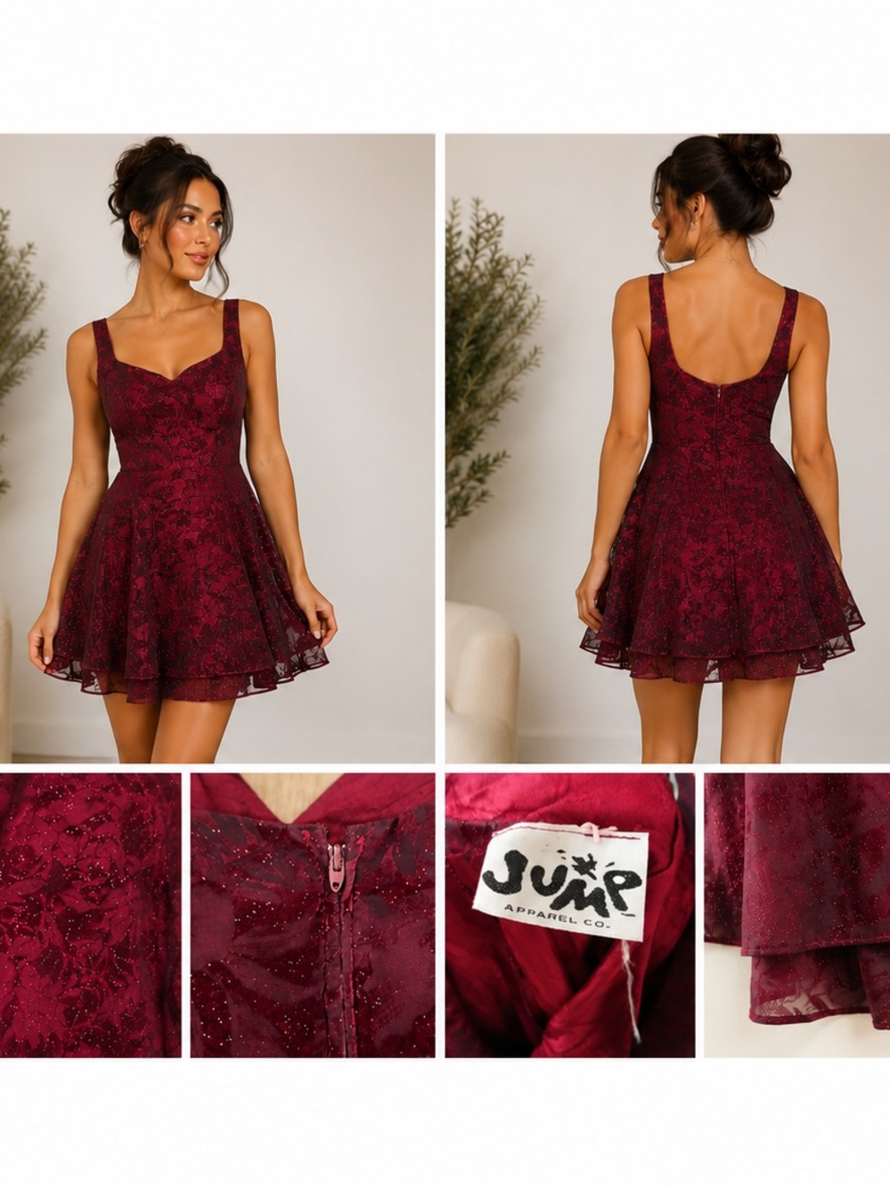 Jump Burgundy Lace A-Line Mini Dress with Sparkle
